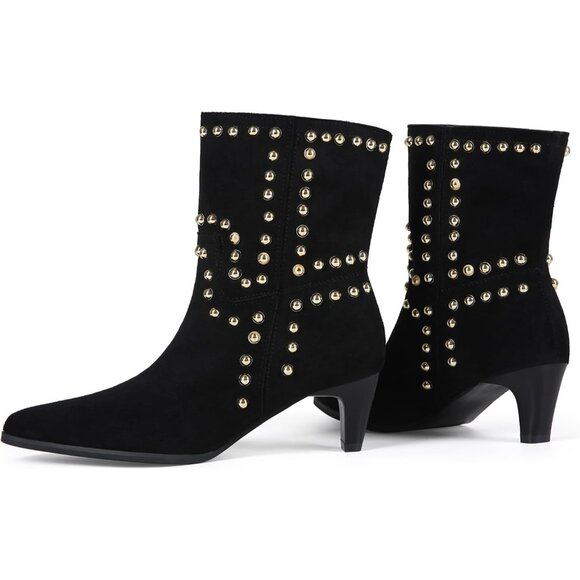 Women's Pointed Toe Low Kitten Heel Booties Slip On Rivet Ankle Boots Black - Picture 4 of 7